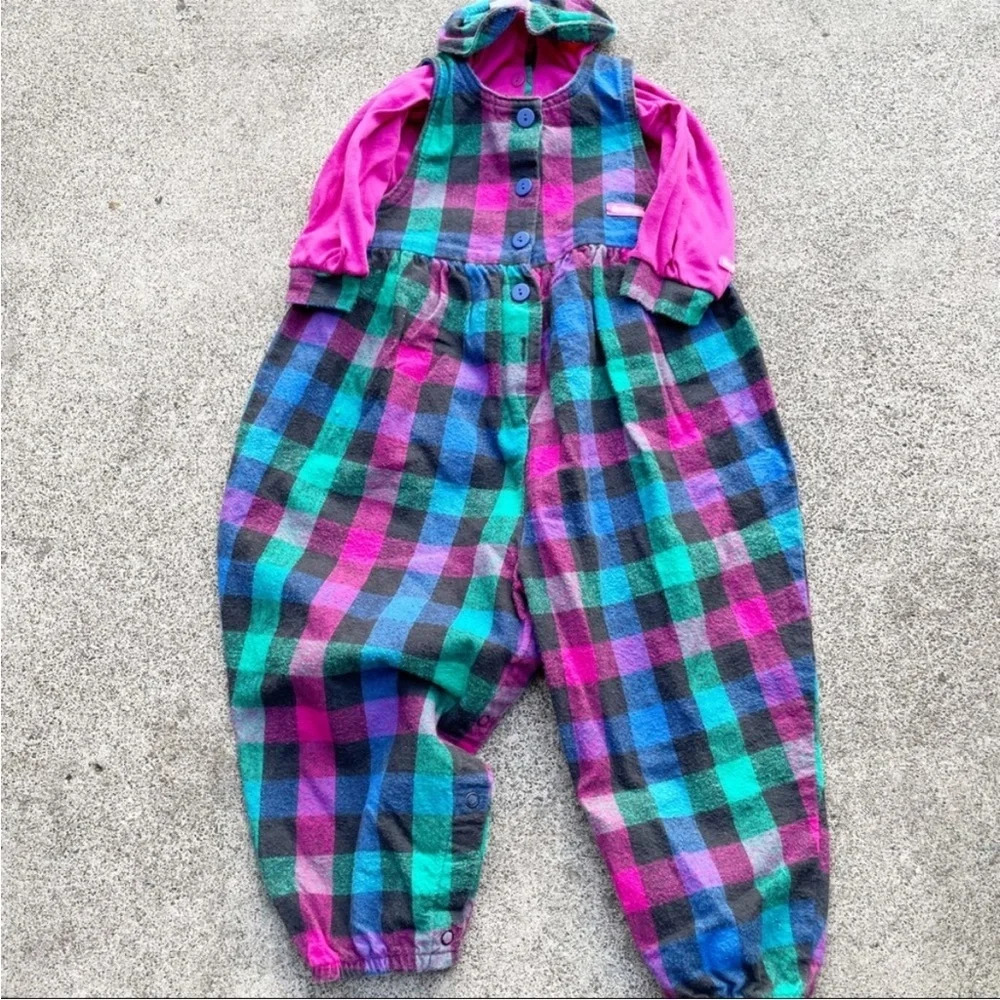VTG 90s Oshkosh gingham plaid bubble overalls 2T